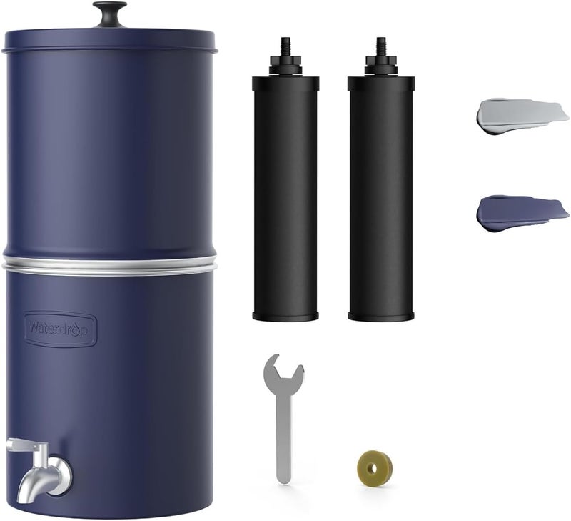 Waterdrop 2.25G Gravity Water Filter System, NSF/ANSI 42&372 Standard, Stainless Steel System with 2 Carbon Filters, Reduces 99% of Lead and Chlorine for Home, Camping, Emergencies, King Tank, Blue - Image 1
